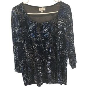 Womens Velvet Burnout Top Size 1X Sheer Blue Black Animal Print Whimsigoth Fall